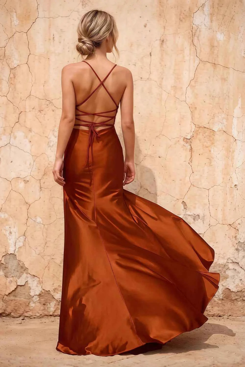 Kate Burnt Orange Satin Pleated Lace-Up Maxi Dress