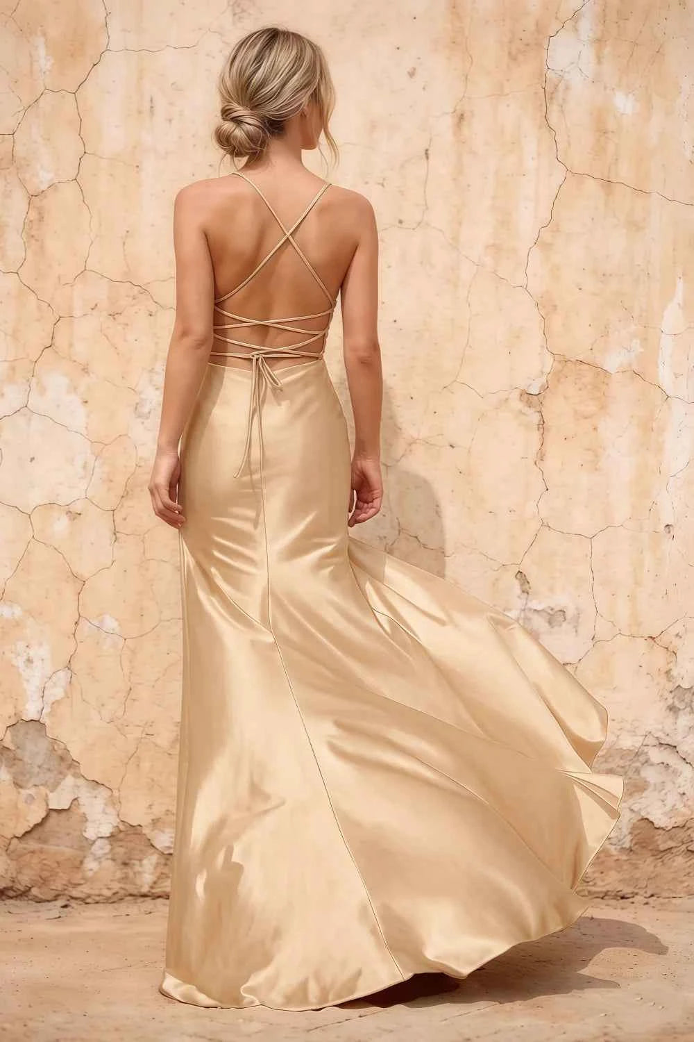 Kate Champagne Satin Pleated Lace-Up Maxi Dress