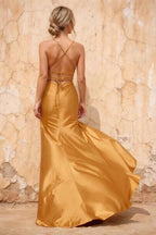 Kate Gold Satin Pleated Lace-Up Maxi Dress