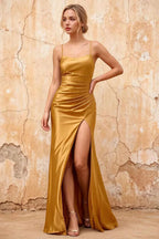Kate Gold Satin Pleated Lace-Up Maxi Dress