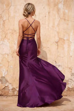 Kate Grape Satin Pleated Lace-Up Maxi Dress
