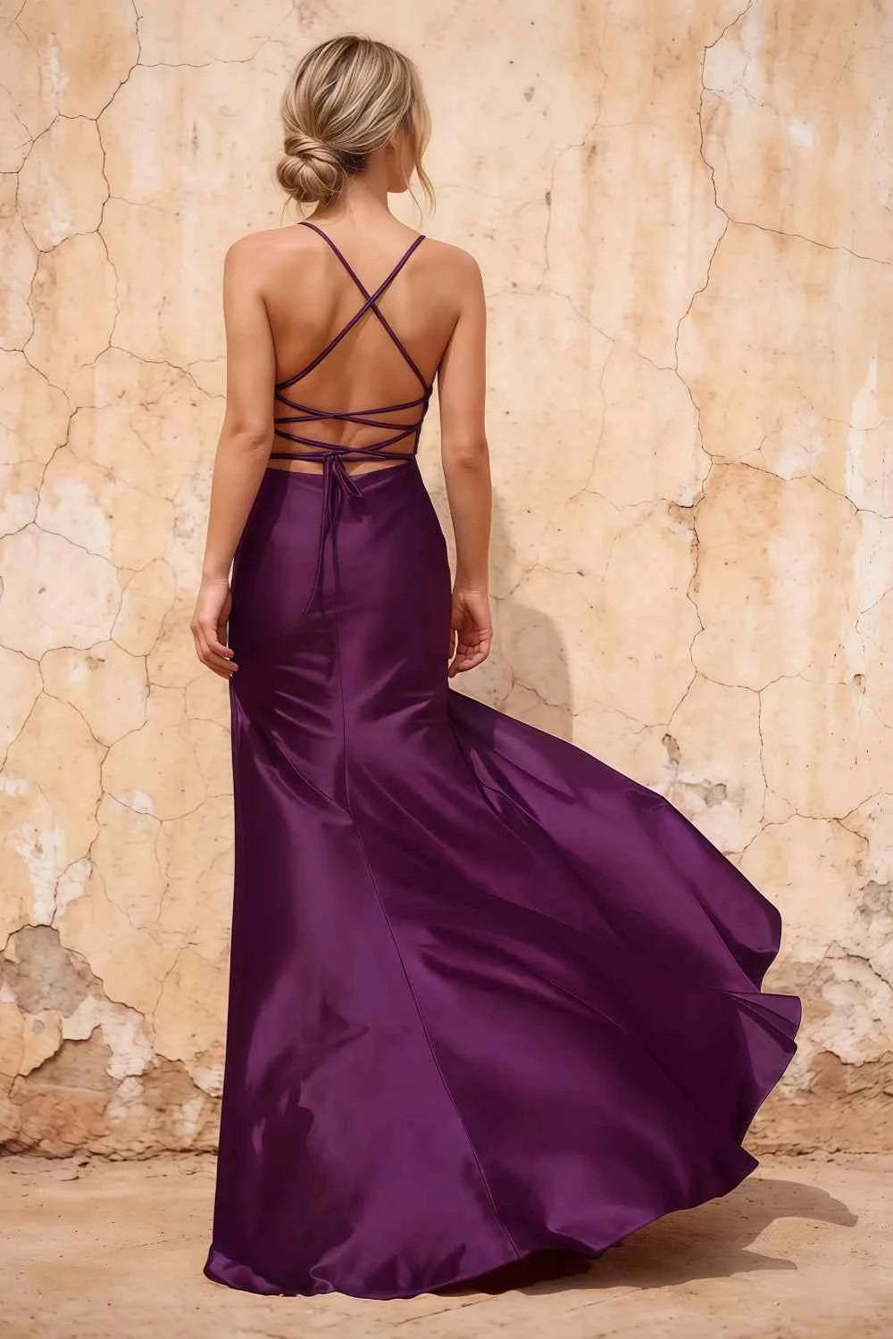 Kate Grape Satin Pleated Lace-Up Maxi Dress