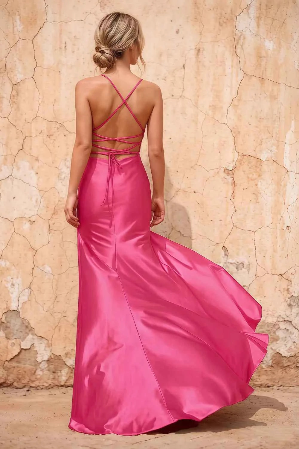 Kate Hot Pink Satin Pleated Lace-Up Maxi Dress