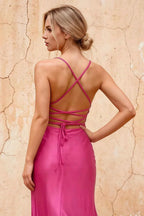 Kate Hot Pink Satin Pleated Lace-Up Maxi Dress