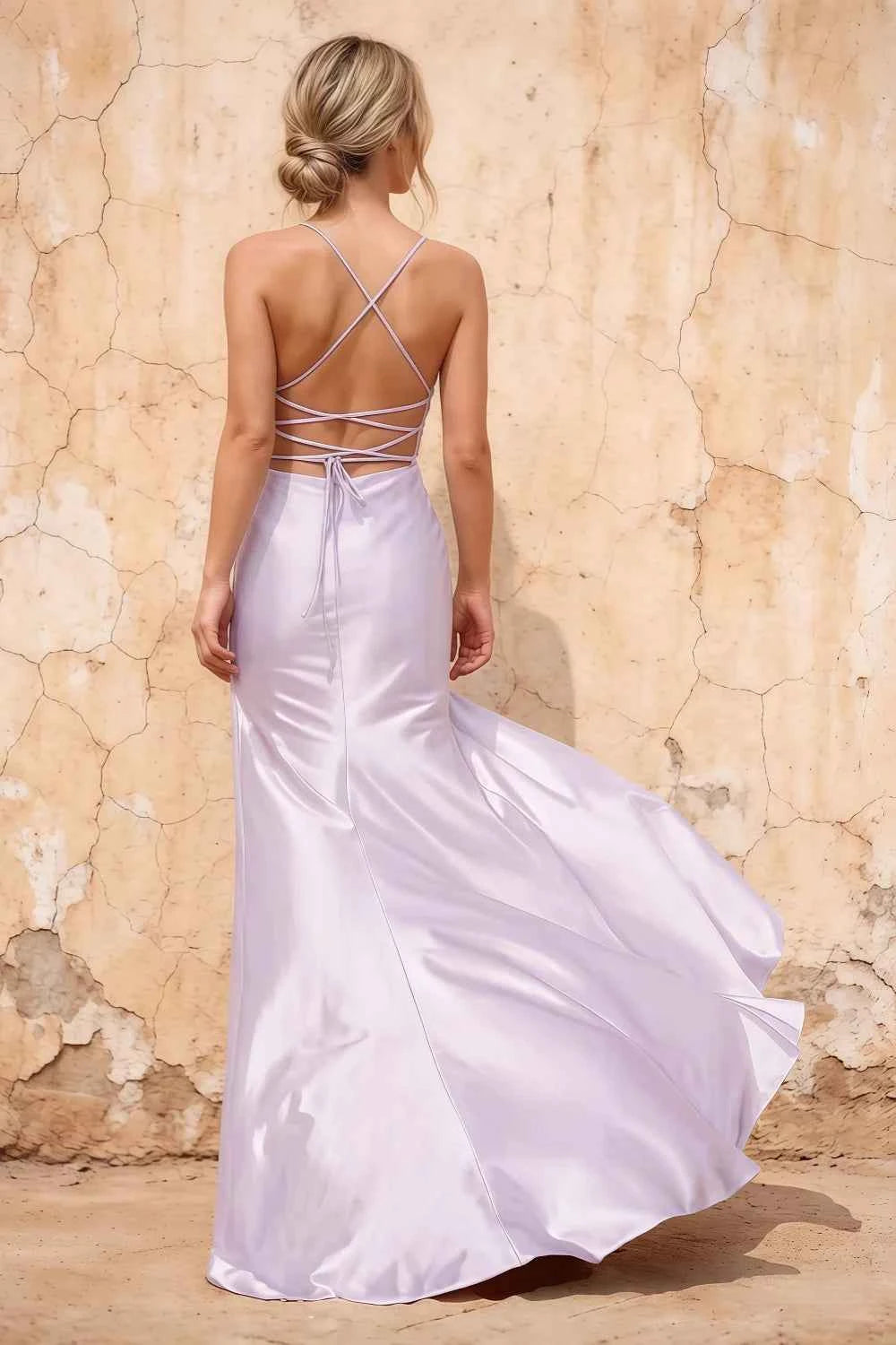 Kate Lavender Satin Pleated Lace-Up Maxi Dress