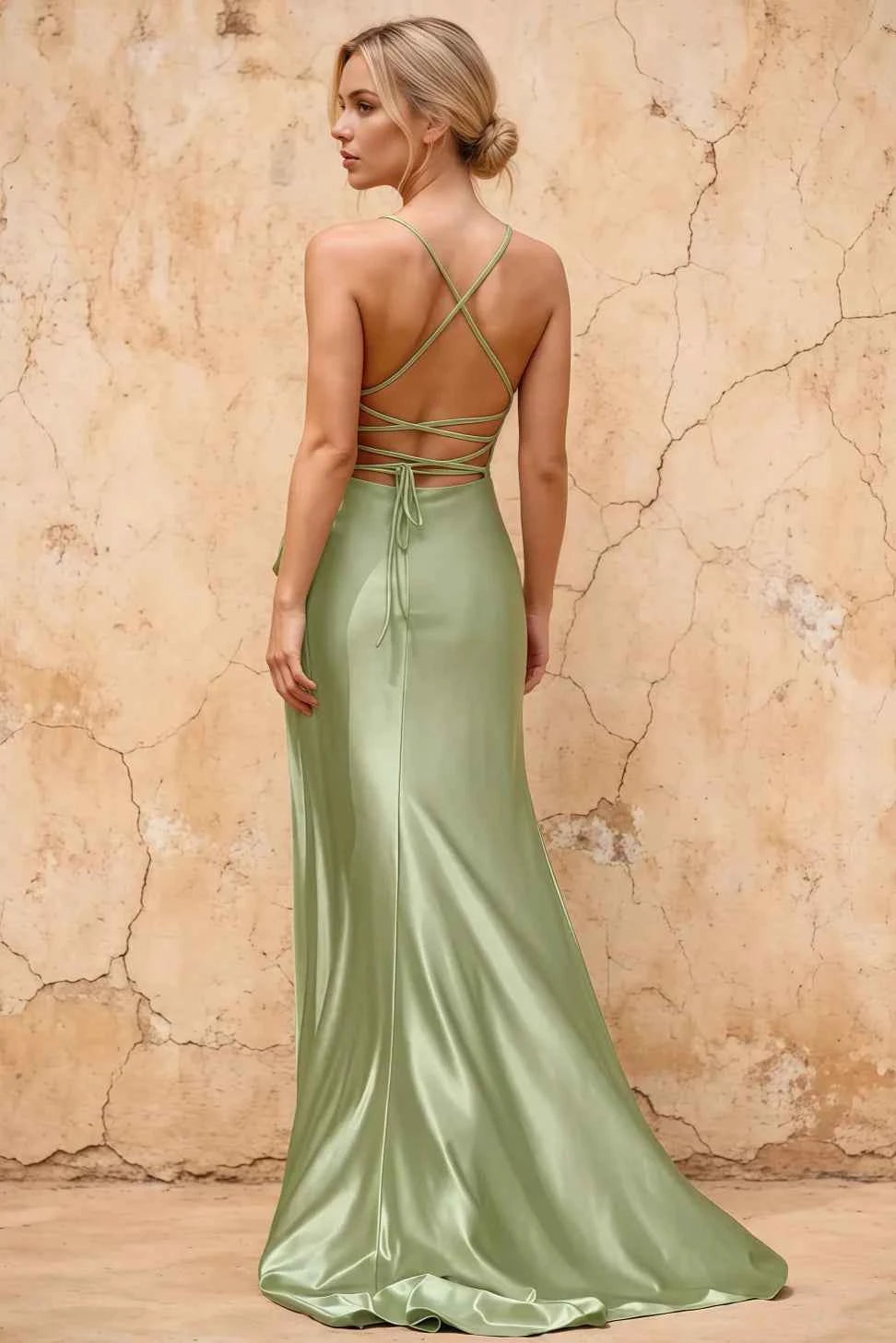 Kate Mint Green Satin Pleated Lace-Up Maxi Dress
