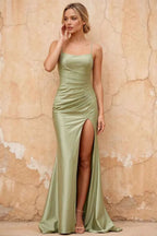Kate Mint Green Satin Pleated Lace-Up Maxi Dress