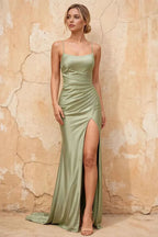 Kate Mint Green Satin Pleated Lace-Up Maxi Dress