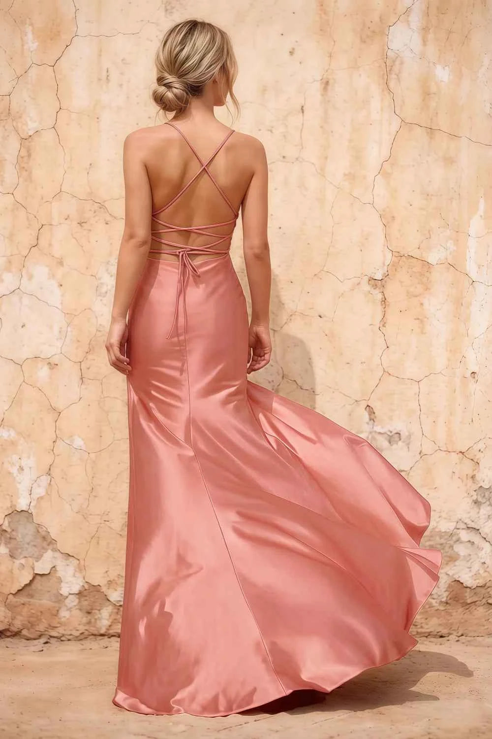 Kate Pink Satin Pleated Lace-Up Maxi Dress