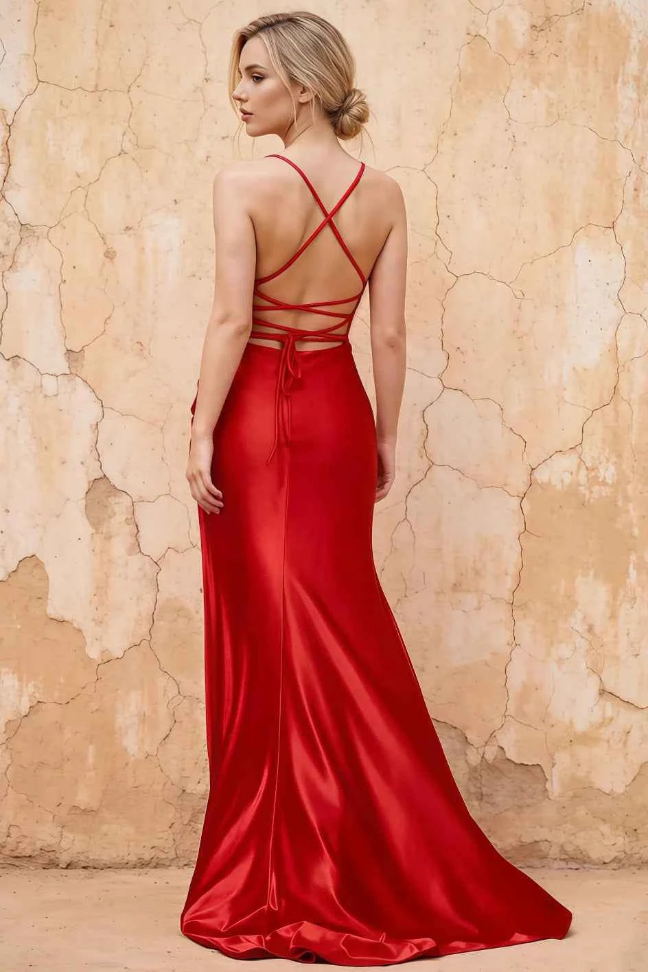 Kate Red Satin Pleated Lace-Up Maxi Dress