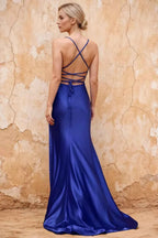 Kate Royal Blue Satin Pleated Lace-Up Maxi Dress