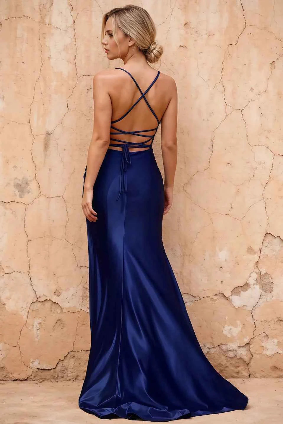 Kate Navy Blue Satin Pleated Lace-Up Maxi Dress