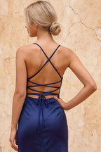 Kate Navy Blue Satin Pleated Lace-Up Maxi Dress