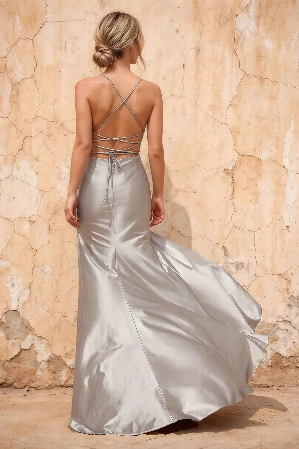Kate Silver Satin Pleated Lace-Up Maxi Dress