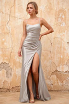 Kate Silver Satin Pleated Lace-Up Maxi Dress