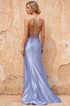 Kate Sky Blue Satin Pleated Lace-Up Maxi Dress