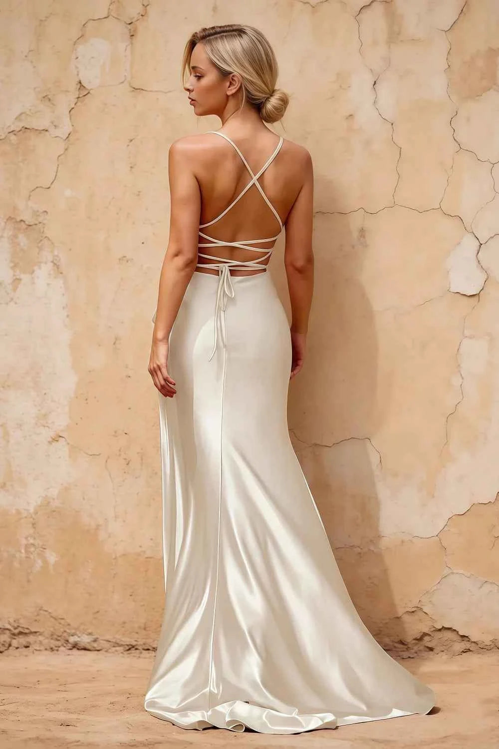 Kate White Satin Pleated Lace-Up Maxi Dress