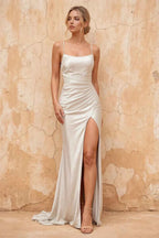 Kate White Satin Pleated Lace-Up Maxi Dress