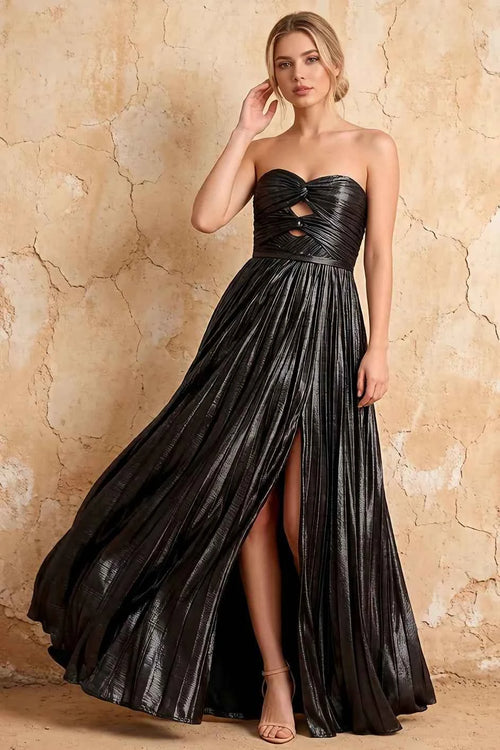 Katherine Black Metallic A-Line Strapless Cutout Maxi Dress