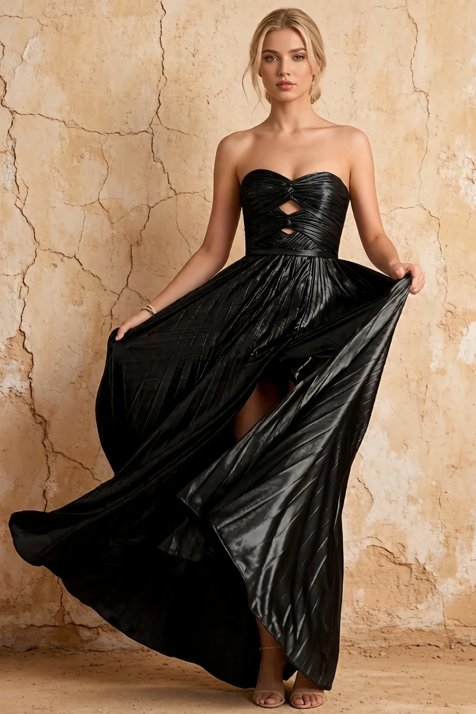 Katherine Black Metallic A-Line Strapless Cutout Maxi Dress