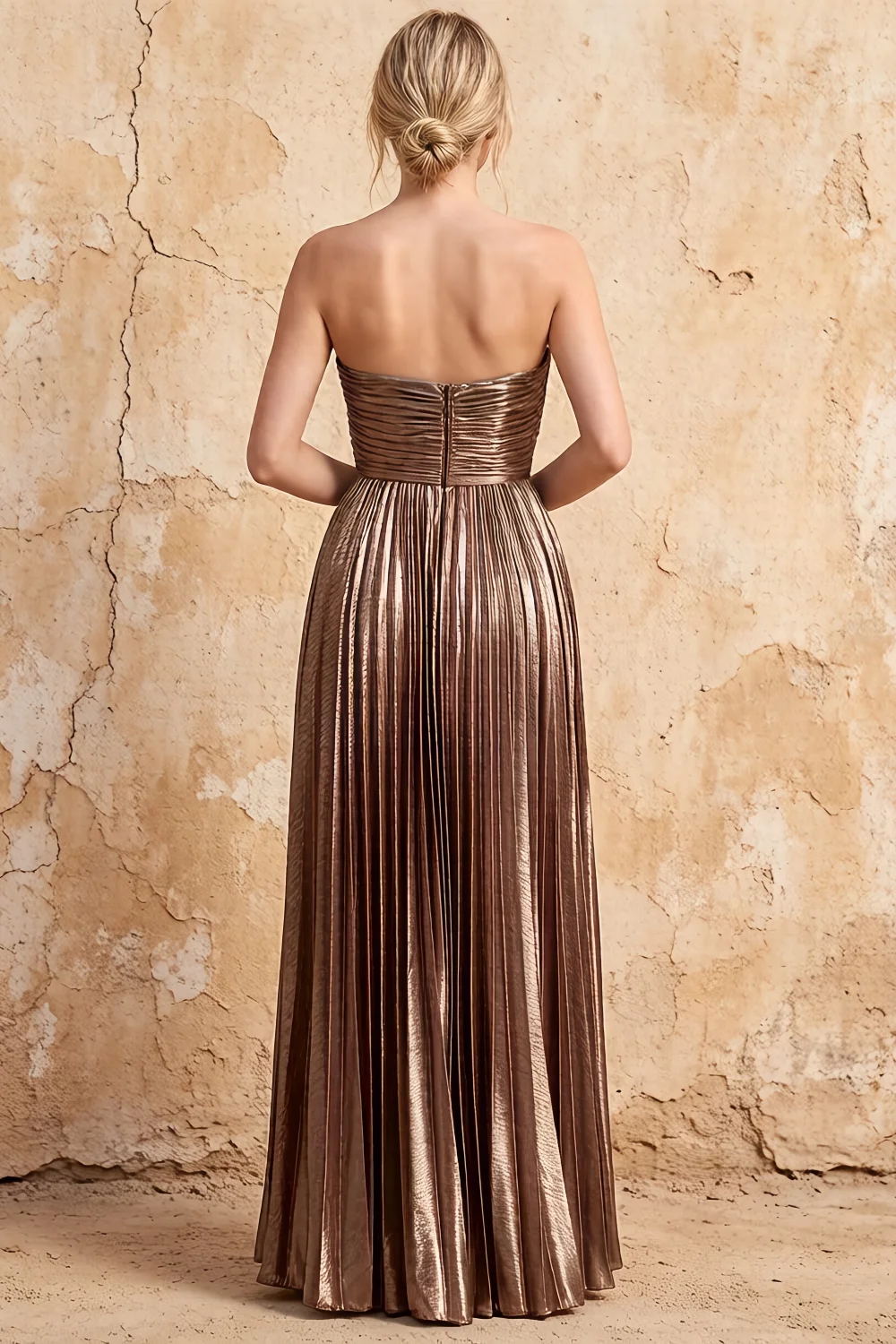 Katherine Bronze Metallic A-Line Strapless Cutout Maxi Dress
