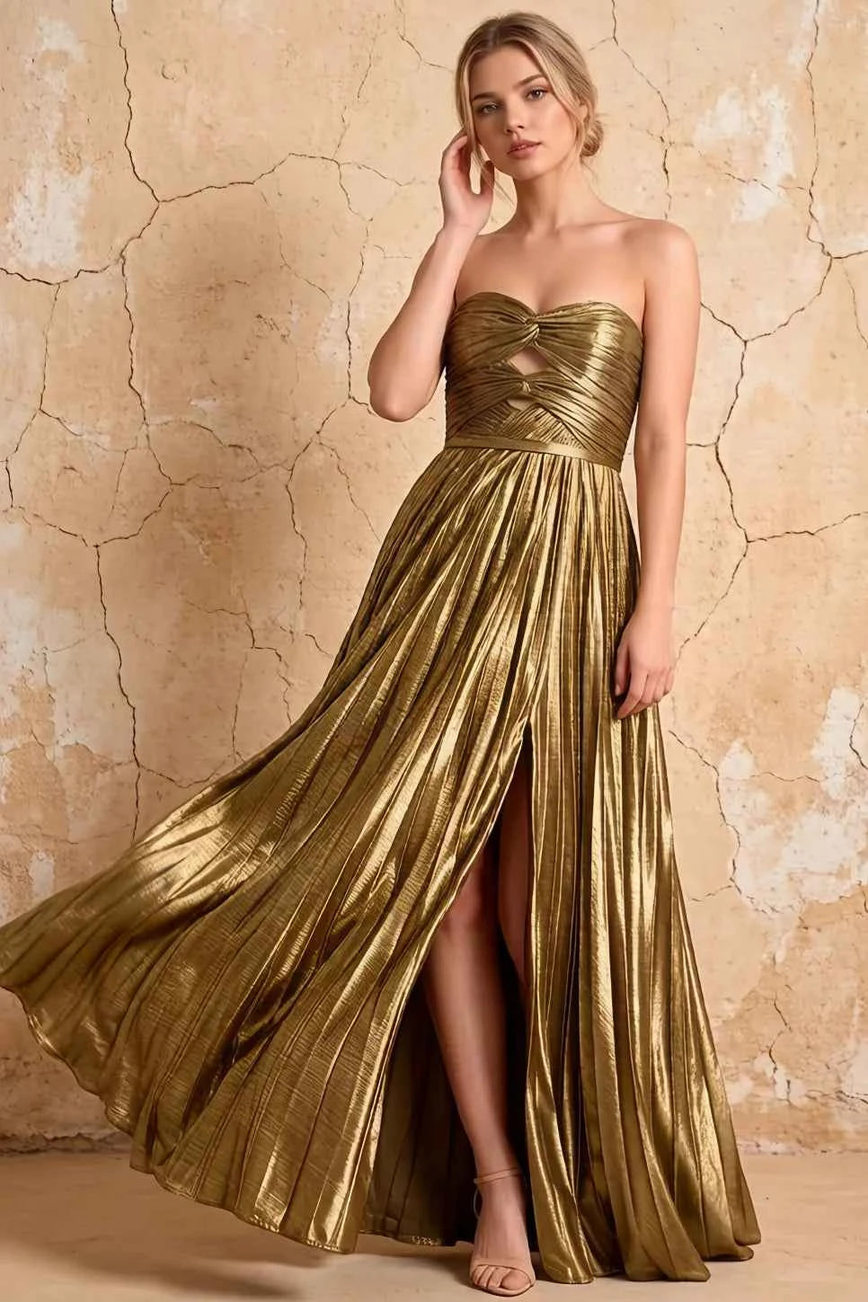 Katherine Golden Metallic A-Line Strapless Cutout Maxi Dress