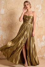 Katherine Golden Metallic A-Line Strapless Cutout Maxi Dress