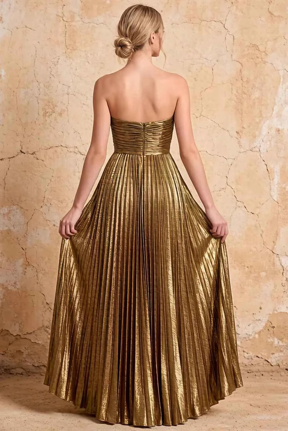 Katherine Golden Metallic A-Line Strapless Cutout Maxi Dress
