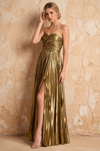 Katherine Golden Metallic A-Line Strapless Cutout Maxi Dress