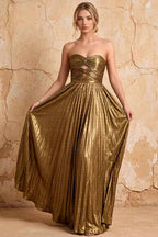 Katherine Golden Metallic A-Line Strapless Cutout Maxi Dress