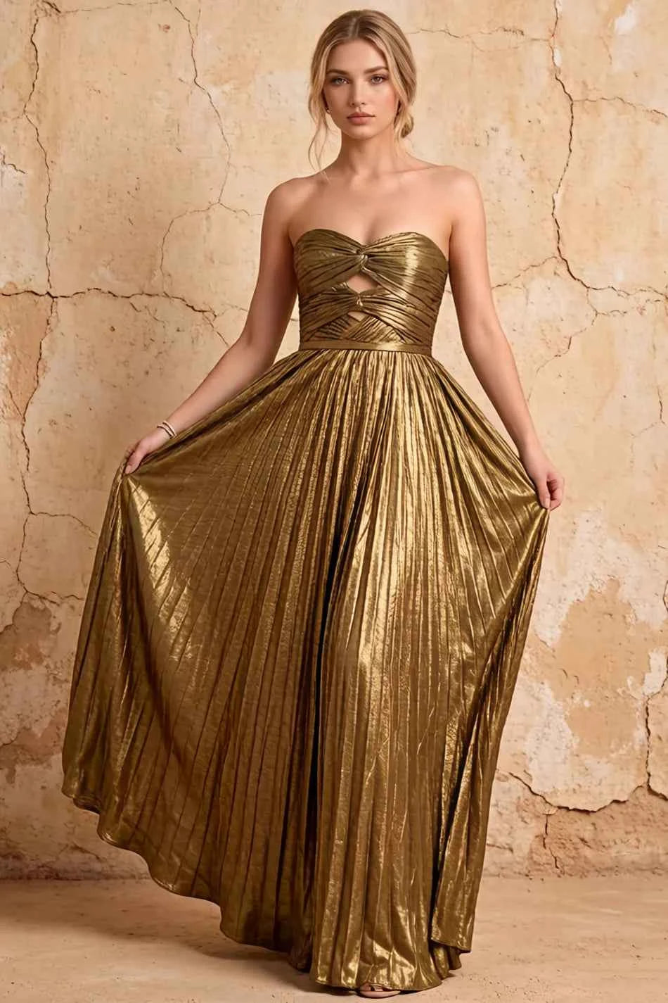 Katherine Golden Metallic A-Line Strapless Cutout Maxi Dress