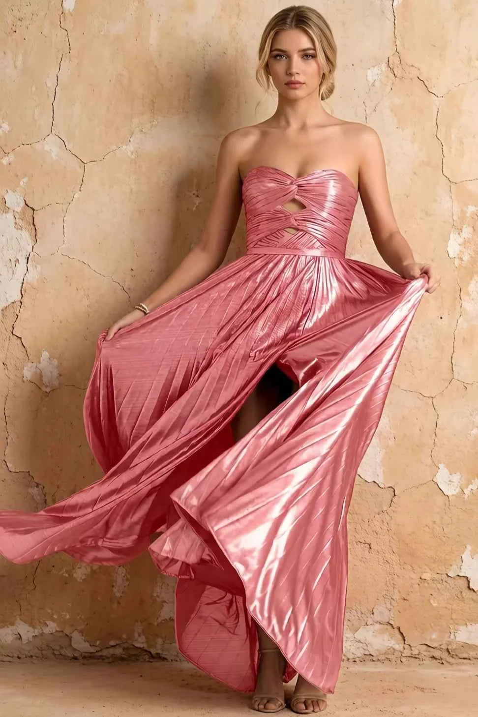 Katherine Pink Metallic A-Line Strapless Cutout Maxi Dress