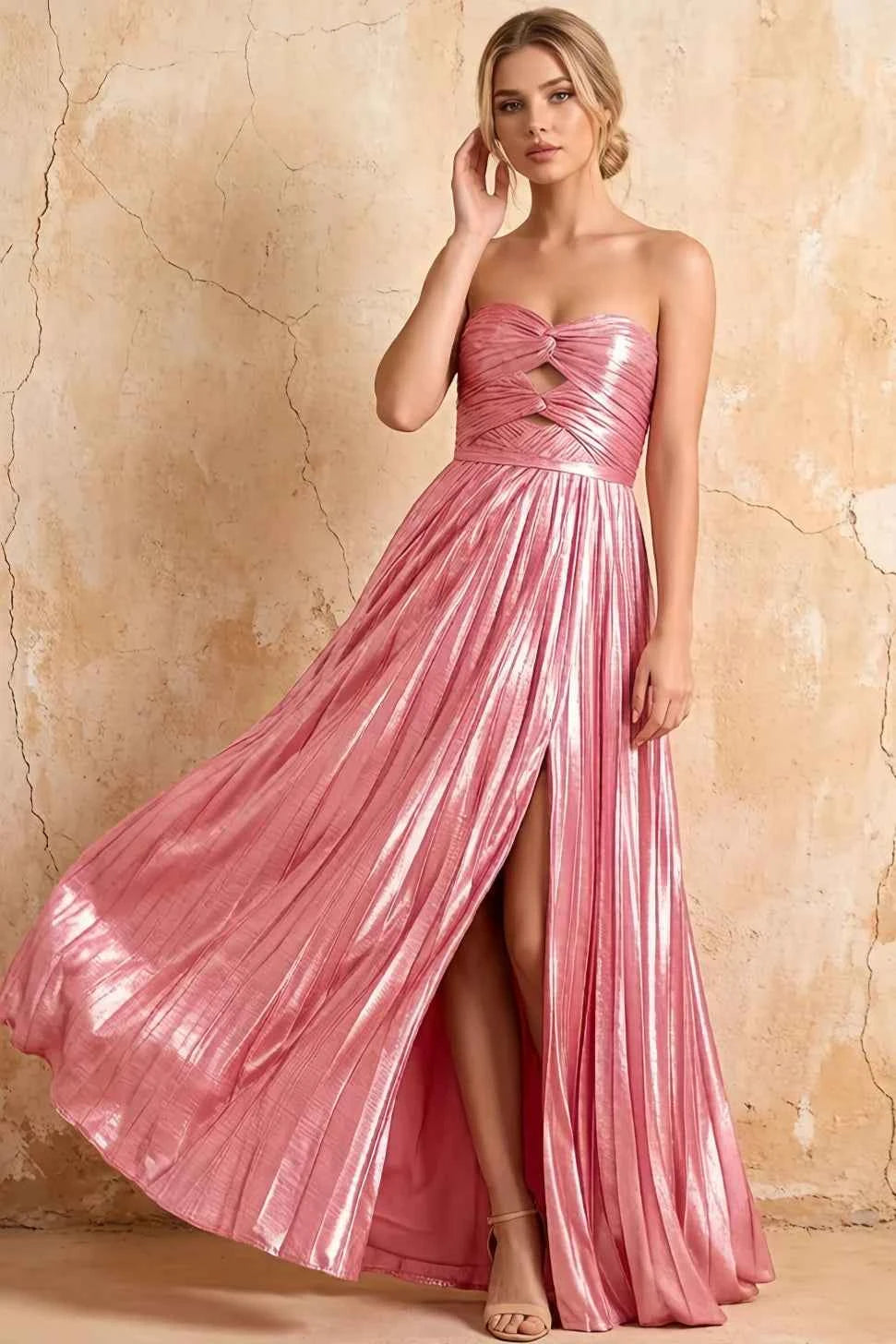Katherine Pink Metallic A-Line Strapless Cutout Maxi Dress