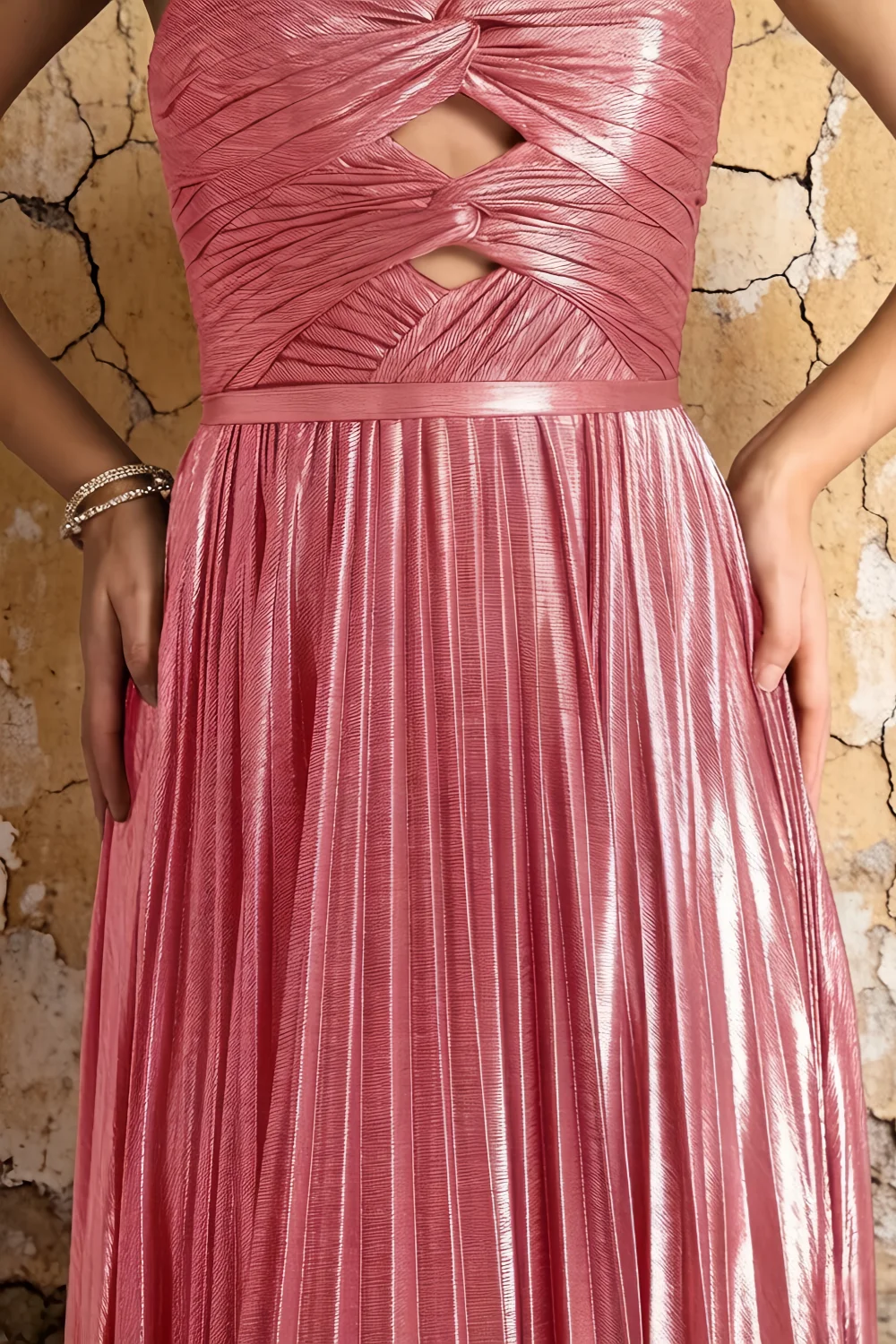 Katherine Pink Metallic A-Line Strapless Cutout Maxi Dress