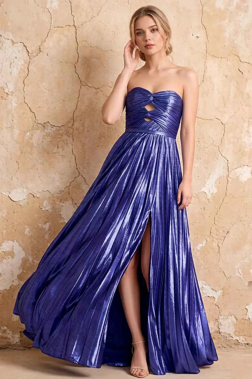 Katherine Royal Blue Metallic A-Line Strapless Cutout Maxi Dress