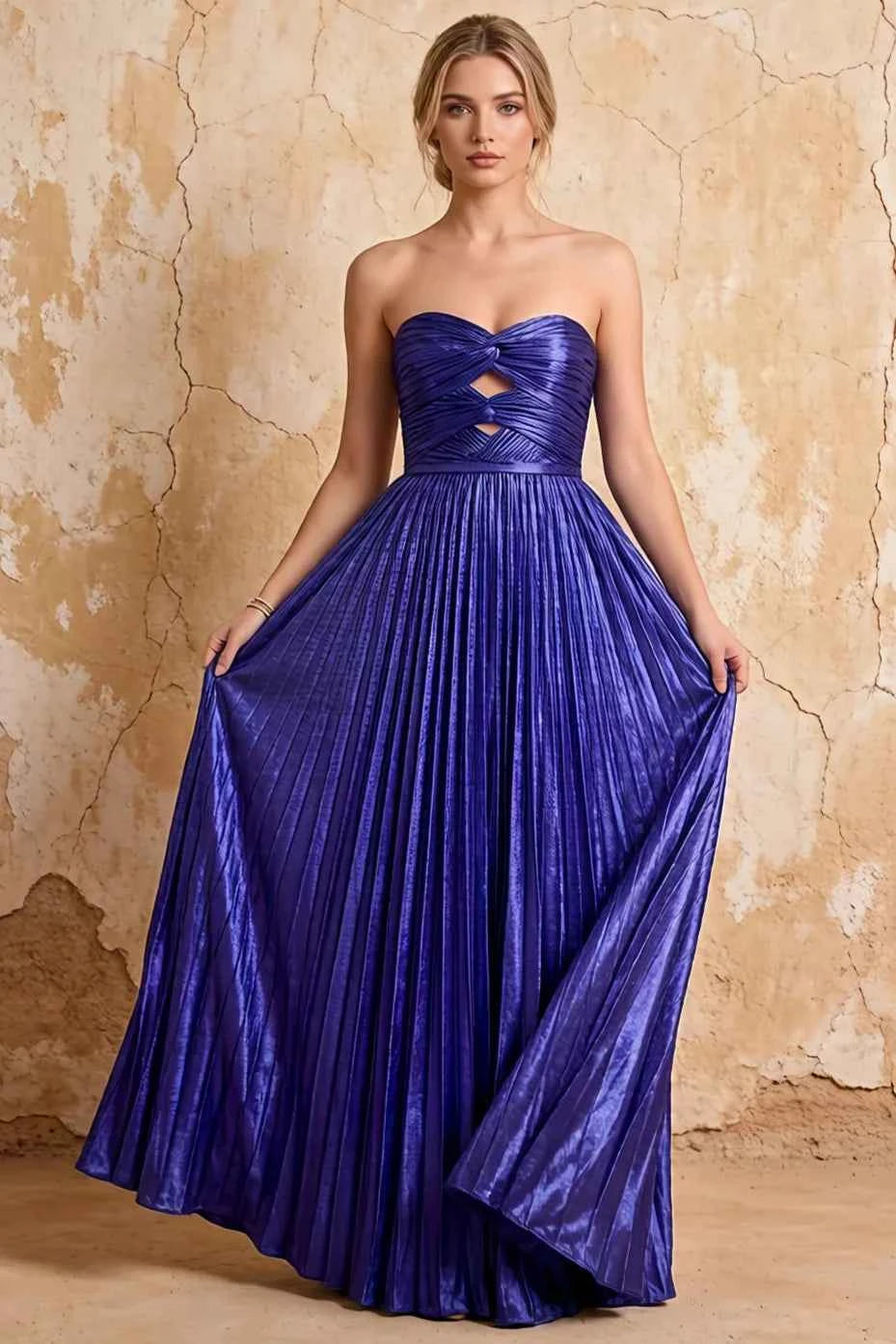 Katherine Royal Blue Metallic A-Line Strapless Cutout Maxi Dress