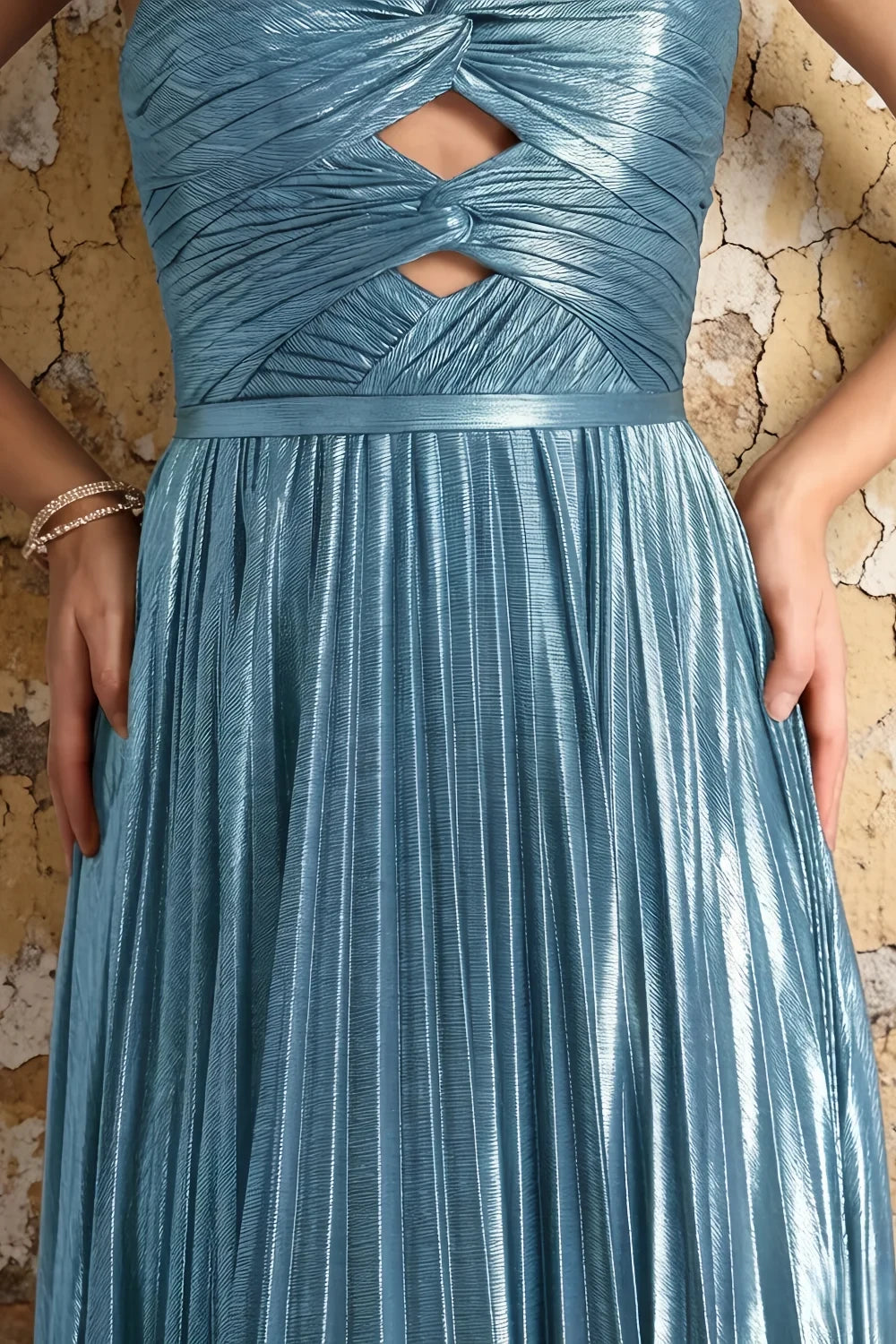 Katherine Sky Blue Metallic A-Line Strapless Cutout Maxi Dress