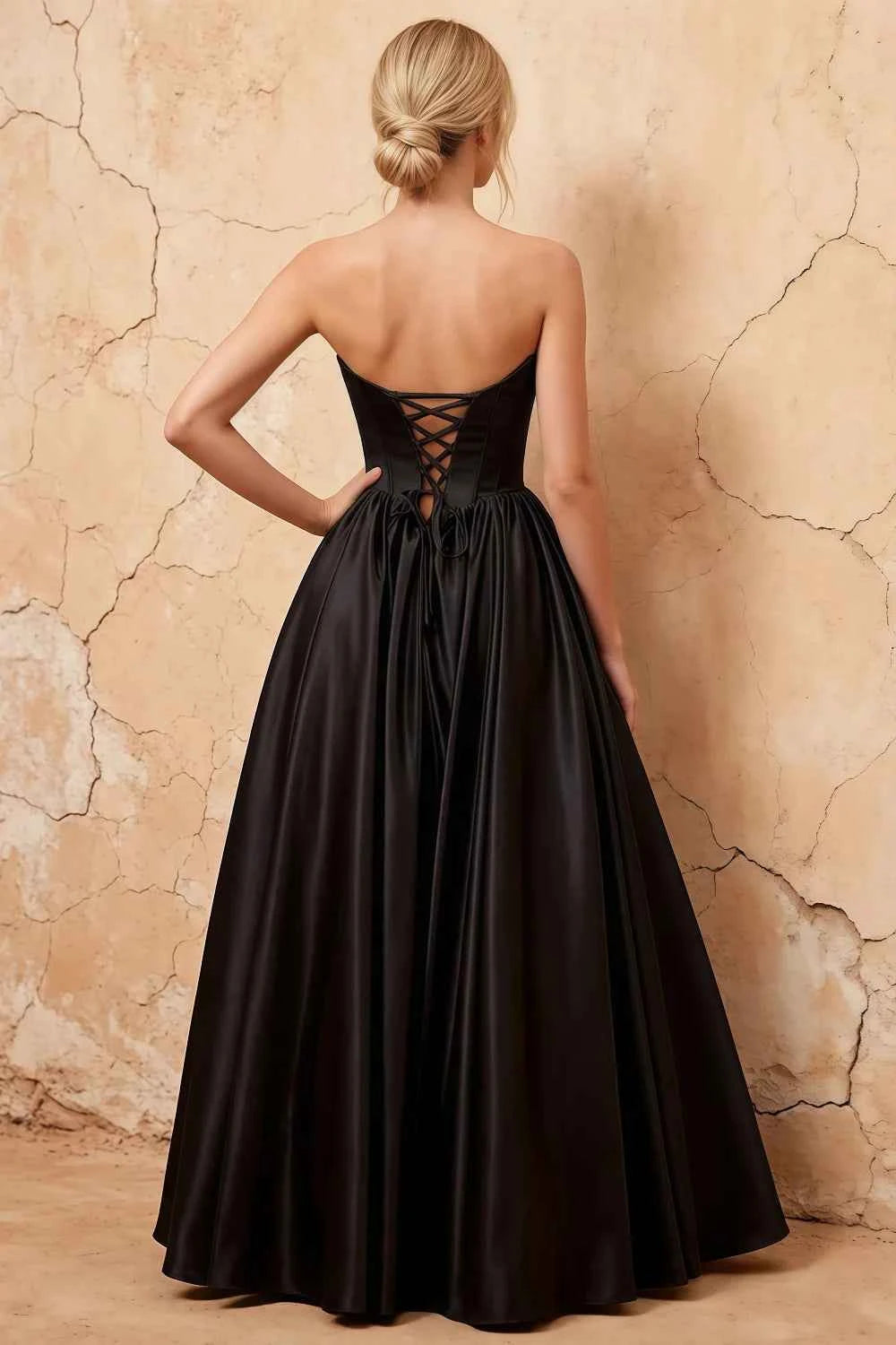 Kathryn Black Satin A-Line Corset Maxi Dress