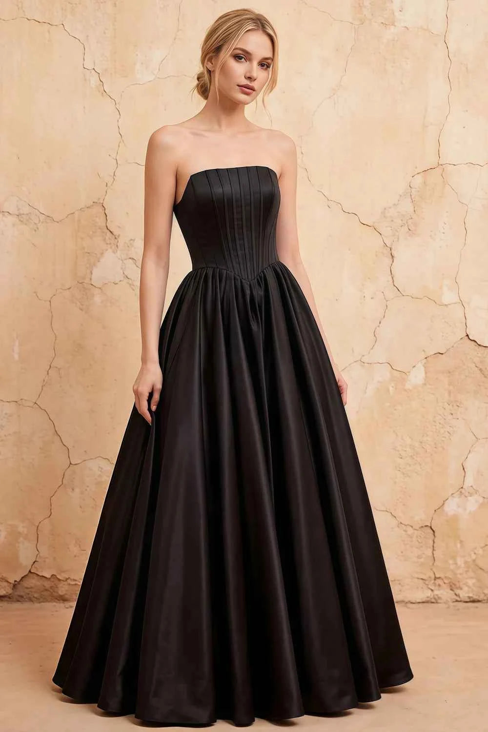 Kathryn Black Satin A-Line Corset Maxi Dress