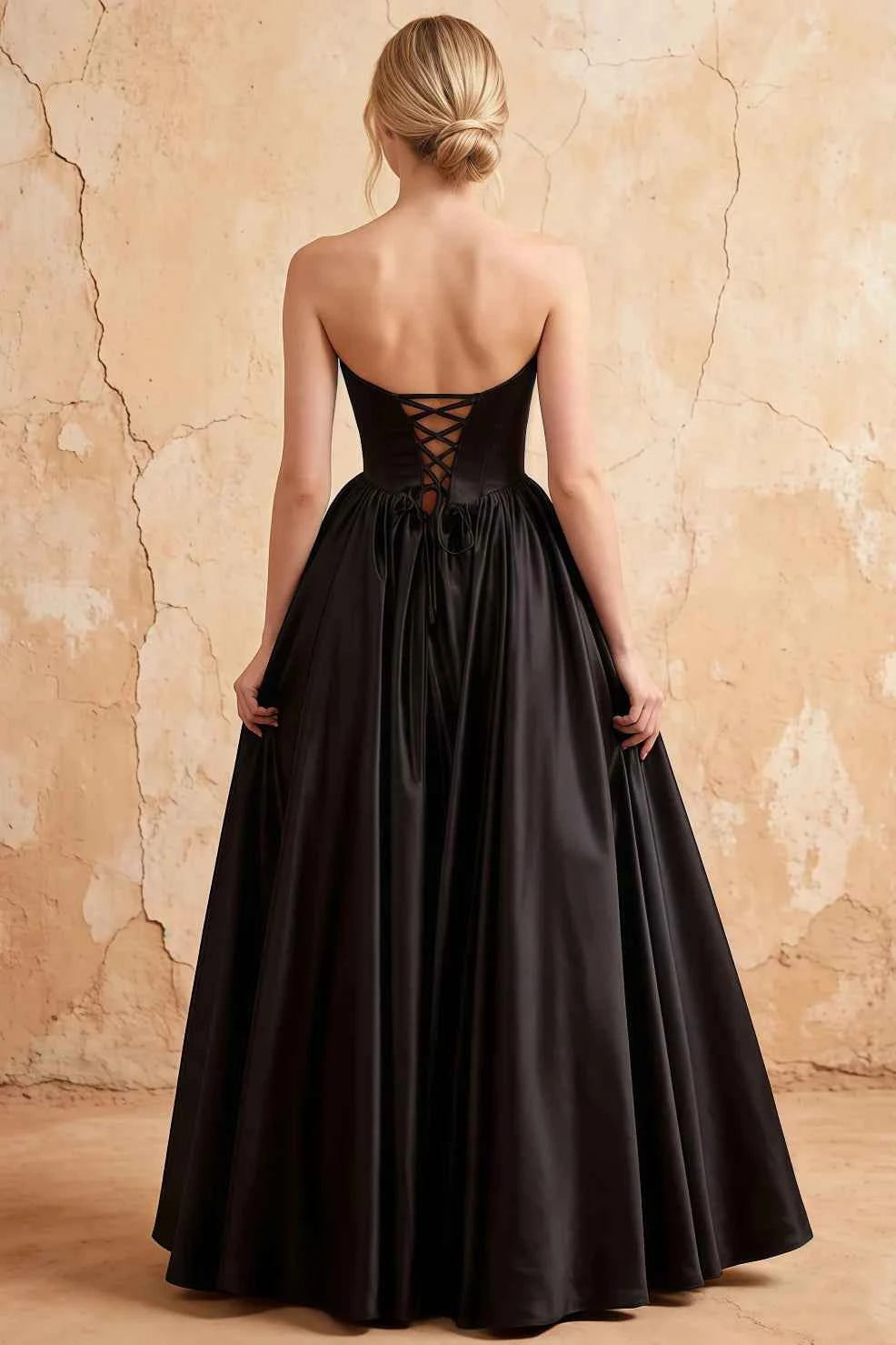 Kathryn Black Satin A-Line Corset Maxi Dress