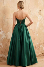 Kathryn Dark Green Satin A-Line Corset Maxi Dress