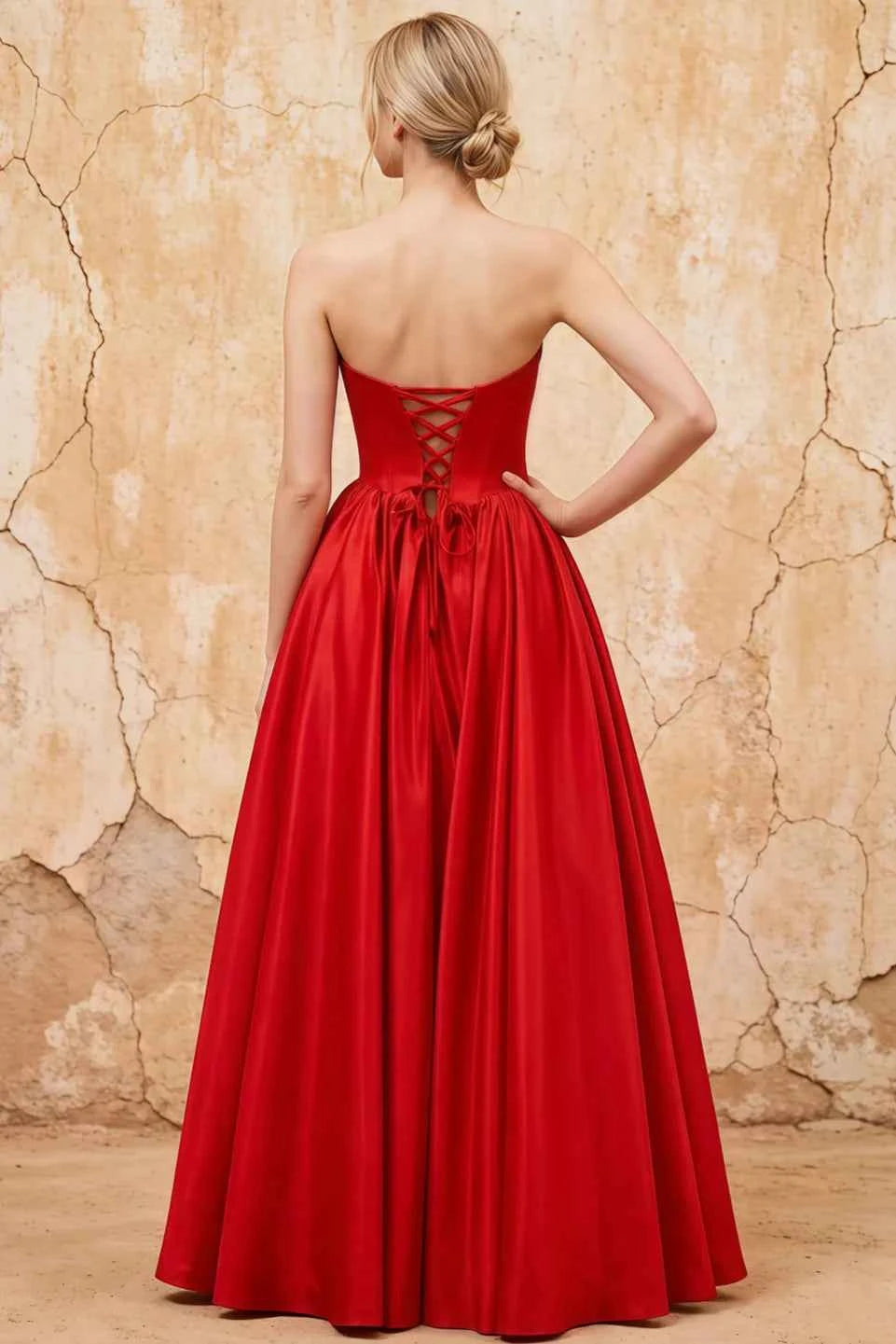 Kathryn Red Satin A-Line Corset Maxi Dress