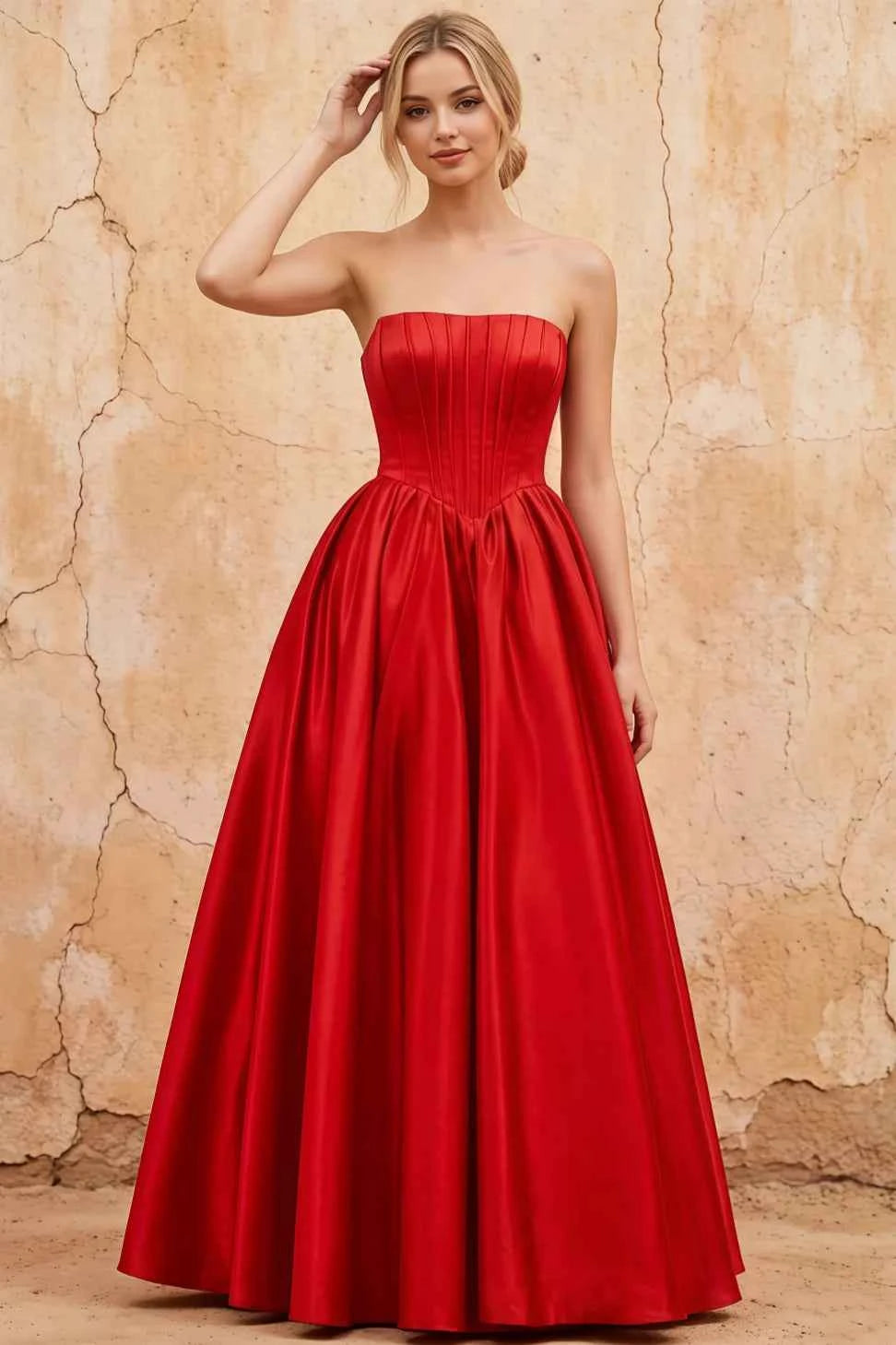 Kathryn Red Satin A-Line Corset Maxi Dress