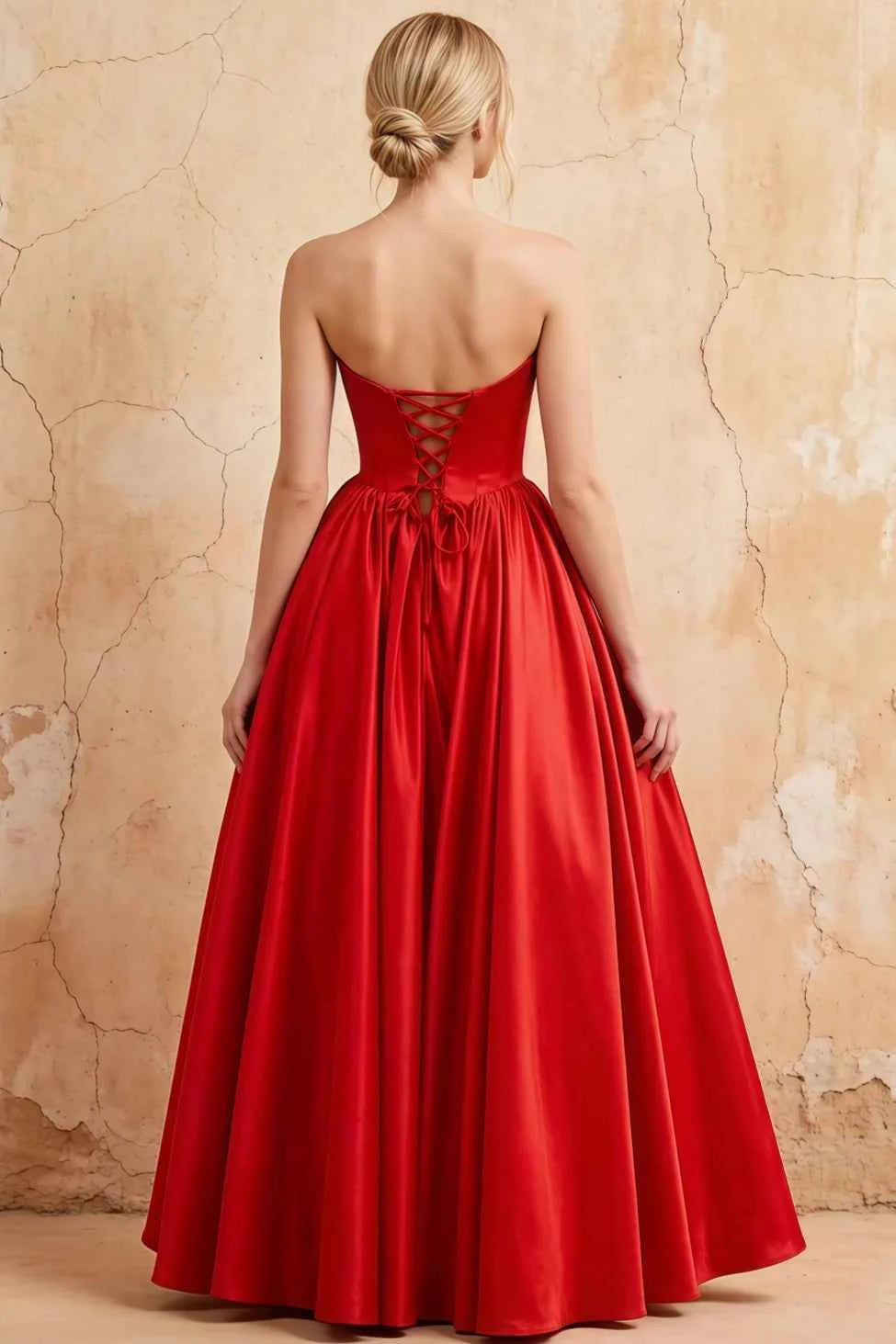 Kathryn Red Satin A-Line Corset Maxi Dress