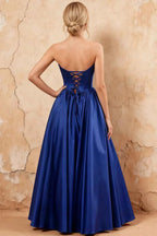 Kathryn Royal Blue Satin A-Line Corset Maxi Dress