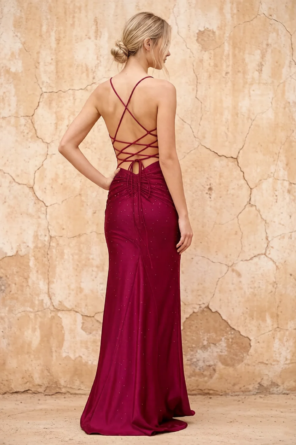 Katie Burgundy Satin Beaded Mermaid Maxi Dress Secondary image