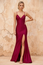 Katie Burgundy Satin Beaded Mermaid Maxi Dress