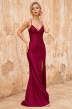 Katie Burgundy Satin Beaded Mermaid Maxi Dress