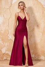 Katie Burgundy Satin Beaded Mermaid Maxi Dress