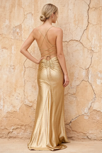 Katie Champagne Satin Beaded Mermaid Maxi Dress